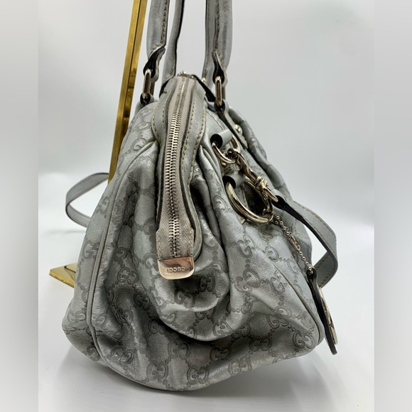 Auth Gucci Silver Gray Metallic Guccisima Leather Convertible Sukey Bowler Bag - Picture 11 of 16